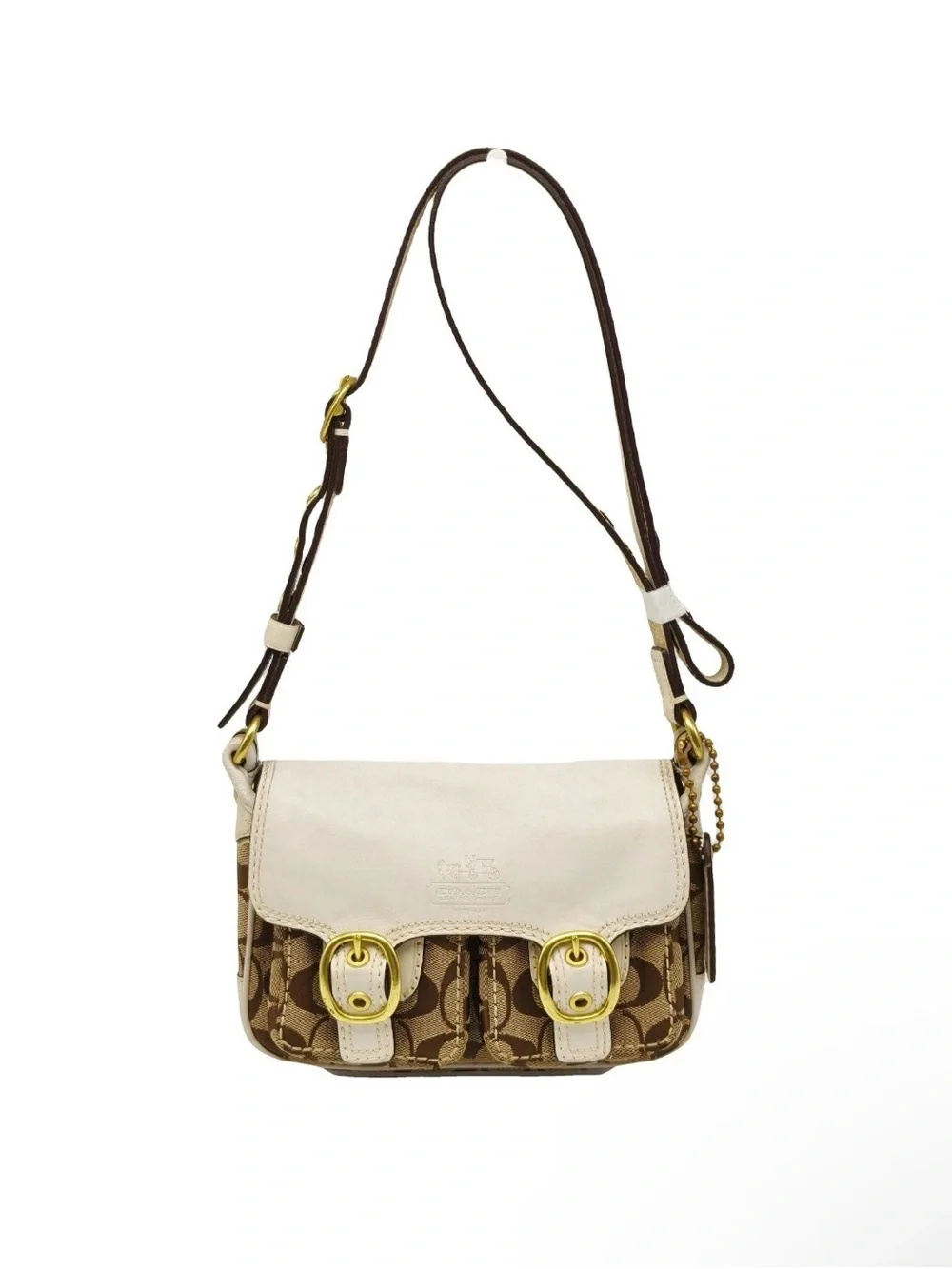 Coach Signature Mini Crossbody Bag Brown Canvas White Leather Flap Buckle Y2K